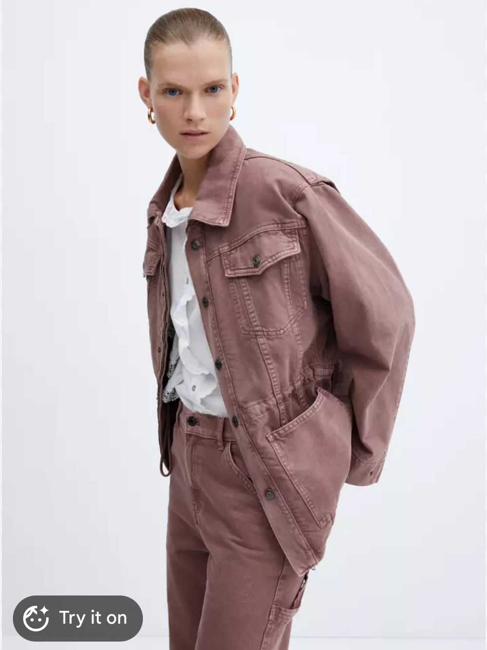 Mango Denim Utility Jacket with Drawstring Oversize Cotton - Dusty Rose